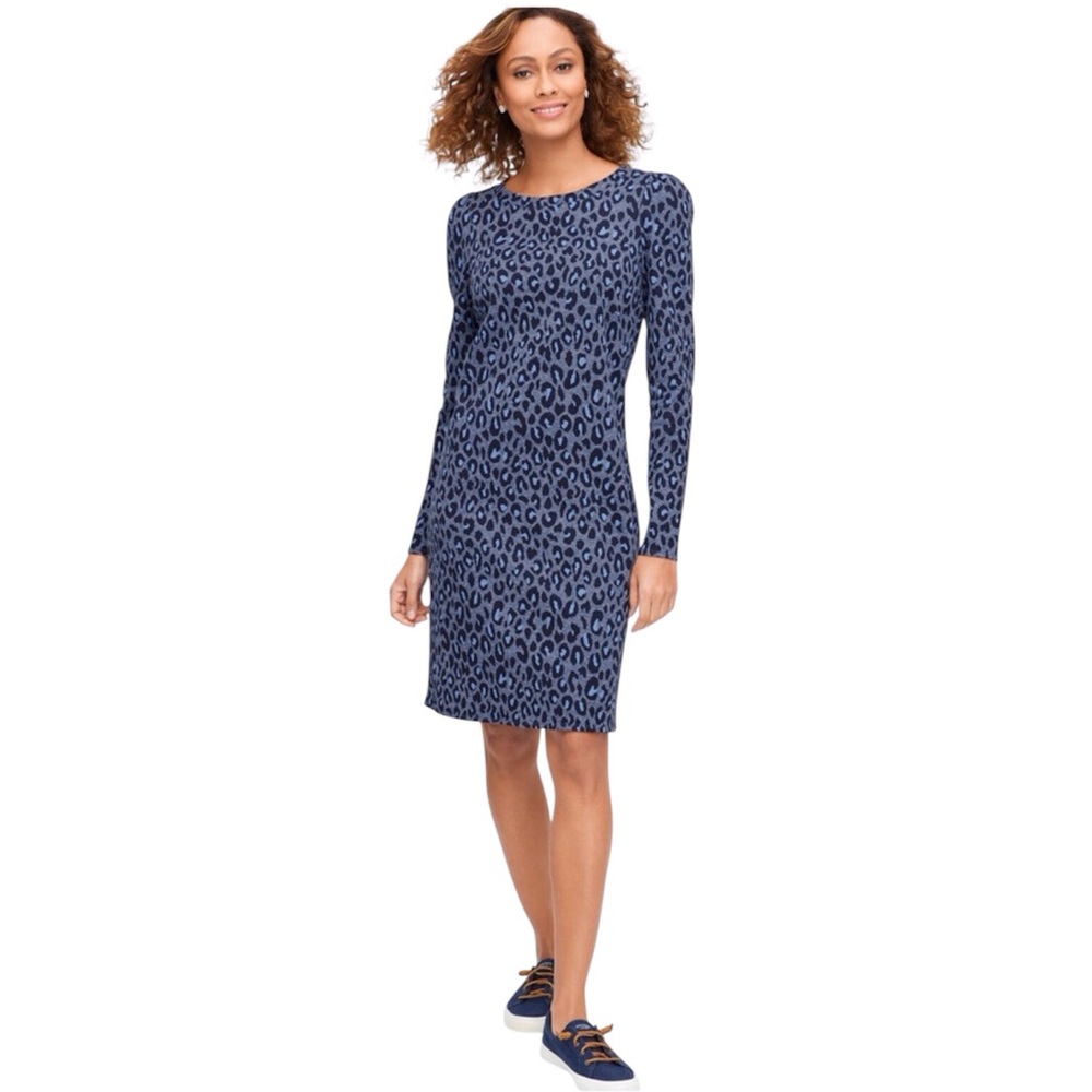Talbots Sweatshirt Shift Dress Womens Long Sleeve Blue Leopard Womens Size 1X